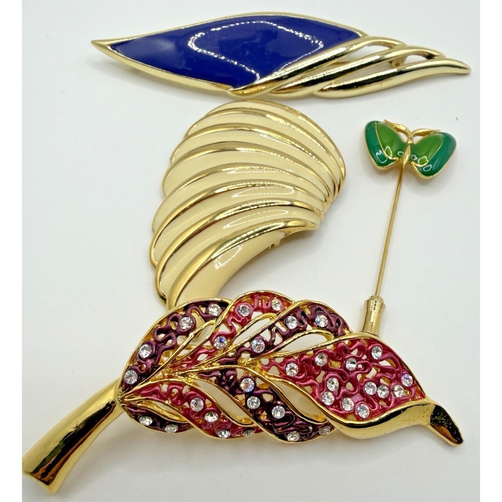 Vintage Leaf Brooch Lot Gold Tone Enamel Rhinestone Pins Blue Pink Green 4pc